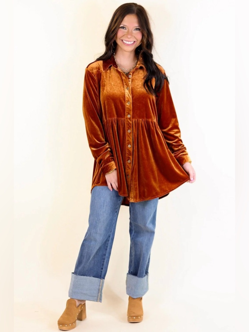 Umgee Burnt Orange Velvet Button-Down Peplum Top Tunic Babydoll